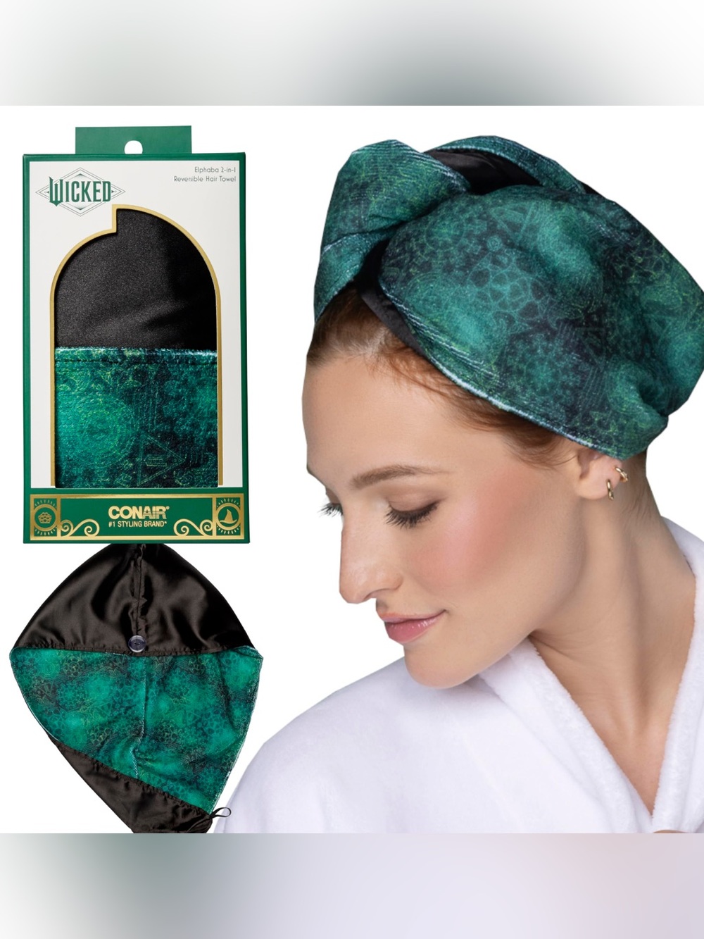 Wicked x Conair 2-in-1 Elphaba
Reversible Microfiber Satin
Hair Towel Wrap NWT